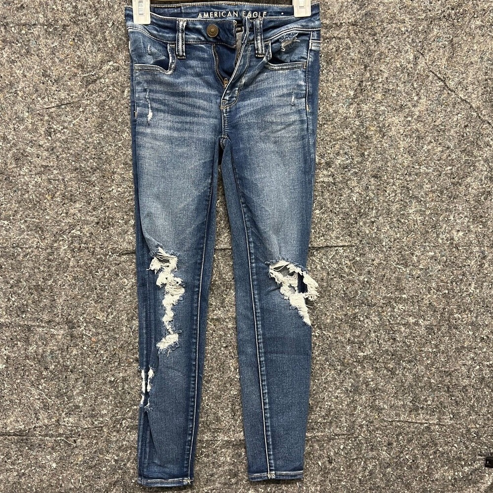 American Eagle Next Level Stretch Skinny Jeans Womens 00 Short Blue Distressed‎